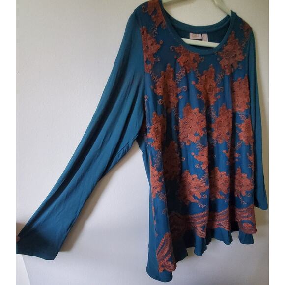 Logo Lavish by Lori Goldstein L Teal Green Tunic Brown Floral Embroidery Lace - Picture 2 of 12